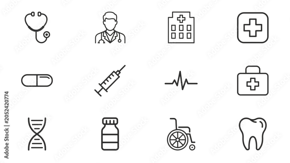 Fototapeta premium Flat medical and healthcare icons set featuring pills, syringe, stethoscope, and dental tools Vector