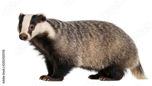 Photography European badger with distinctive black and white striped face