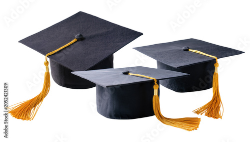 Quadro em tela Three black graduation caps with gold tassels