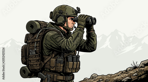 Foto A soldier in full gear looks through binoculars standing on a rocky outcrop with a mountain range in the background in a grayscale illustration