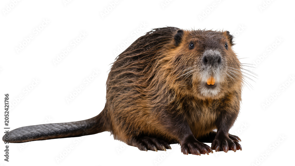 Fototapeta premium Brown beaver with large orange incisors and flat tail