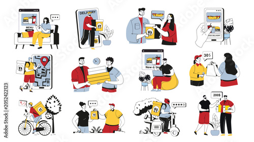 Food delivery concept set in flat design for web. Collection with people ordering meals online, courier delivering food packages, tracking order, choosing dishes from restaurant. Vector illustrations.