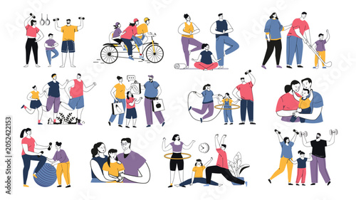 Healthy family lifestyle concept set in flat design. Parents and children exercising, cycling, running, playing sports, shopping healthy food and spending active time together. Vector illustrations.