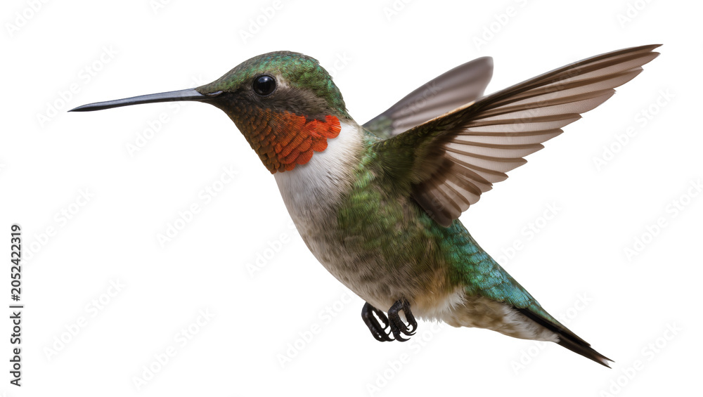 Obraz premium Ruby-throated hummingbird with green iridescent feathers and red gorget