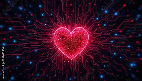 A glowing red digital heart design connected by circuit lines on a dark background, symbolizing technology and emotion convergence.