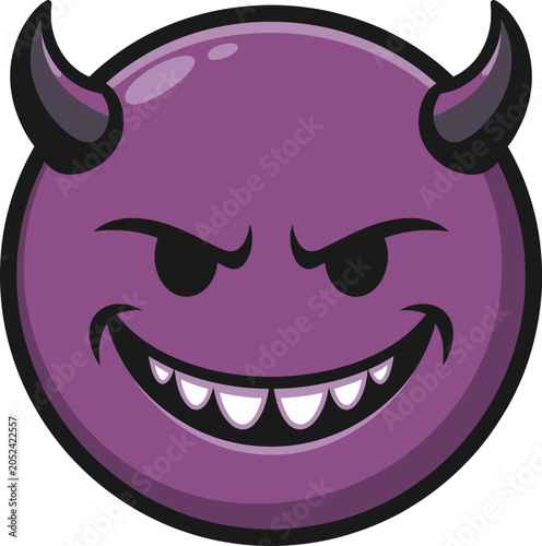 Canvas Print Purple round monster face with horns and mischievous grin illustration