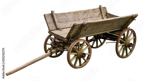 Quadro su tela Old wooden cart with four spoked wheels and long drawbar