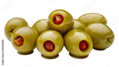 Bild auf Leinwand Green olives stuffed with red pimento filling