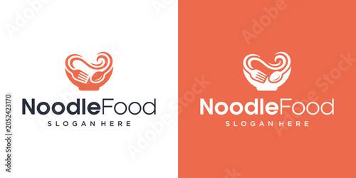 Tableau sur toile Noodle Food Logo Design with Heart Shaped Noodle Bowl, Fork and Spoon Icon, Crea