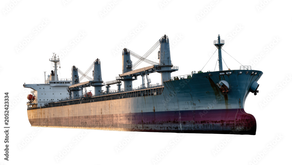 Fototapeta premium Large cargo ship with cranes and containers on white