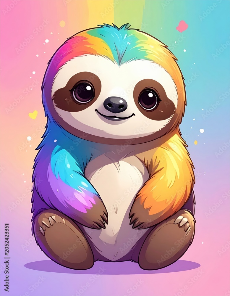Obraz premium A cute, colorful cartoon sloth with rainbow fur sits smiling against a pastel gradient background with playful heart and paint splatter accents.