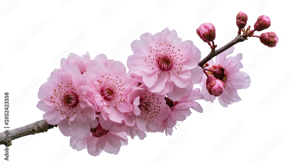 Fototapeta premium Pink cherry blossom branch with buds and open flowers