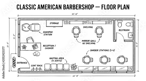 Classic American barbershop floor plan, architectural blueprint of hair salon layout, interior design schematic with barber stations and reception