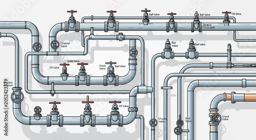 Illustration of many interconnected pipes with valves against a white background.
