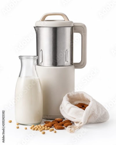 Nut Milk Maker And Ingredients Still Life Isolated On White Background Studio Product Photo