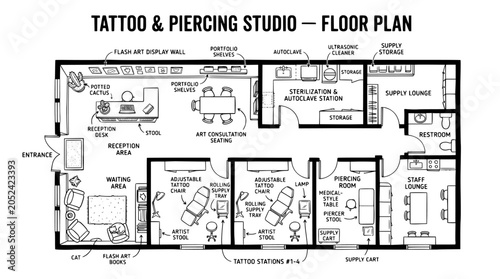 Tattoo and piercing studio floor plan, architectural blueprint of professional parlor layout, interior design vector with sterilization and consultation areas