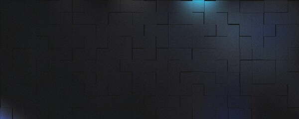 Dark gray geometric wall with raised square blocks and cool blue light highlights creating a textured 3d architectural pattern for digital backgrounds