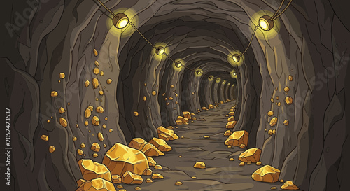 Cartoon mine tunnel with gold nuggets and lights illustration.