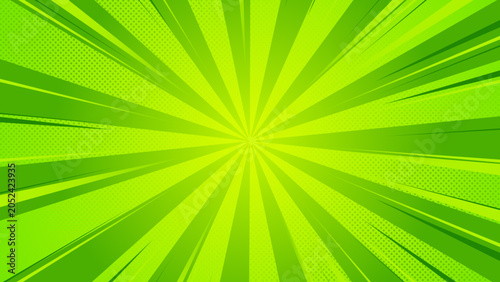 sunburst and comic zoom lines with dots on green background ,sun rays blank abstract summer social media design element
