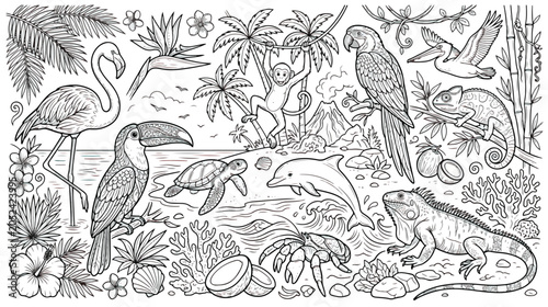 Tropical jungle coloring page vector, exotic island animals and marine life illustration, black and white rainforest landscape for kids activity