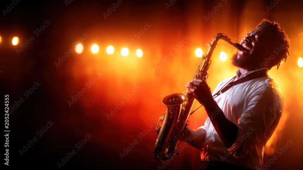 Obraz premium A passionate musician plays the saxophone under dramatic lighting, evoking emotions and a connection to the art of live music with a vibrant blend of colors in the background.
