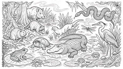 Fotografía Vintage swamp wildlife coloring page vector, detailed bayou animals line art, we