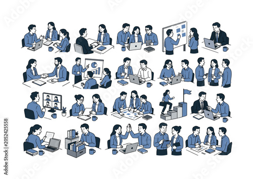 Career Teamwork Series collection of digital illustrations NOT icons NOT symbols, 12?20 character-driven small scenes of workers in meetings, job interviews, teamwork planning, networking, office