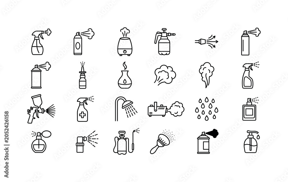 Fototapeta premium Spray Mist Devices. Line icon set of spray steam and aerosol tools: spray bottle, aerosol can, paint spray gun, perfume atomizer, deodorant can, nasal spray, antiseptic sprayer, water mist nozzle,