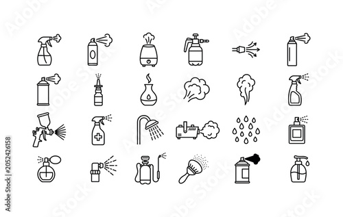 Spray Mist Devices. Line icon set of spray steam and aerosol tools: spray bottle, aerosol can, paint spray gun, perfume atomizer, deodorant can, nasal spray, antiseptic sprayer, water mist nozzle,