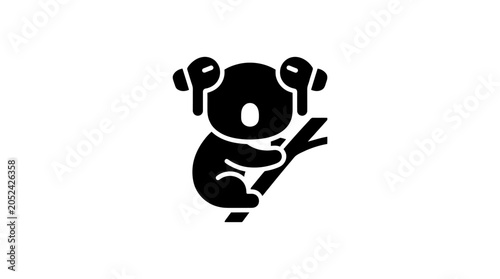 Koala with Wireless Earbuds Clinging to a Branch Silhouette.
