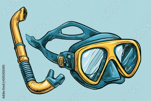 Snorkeling mask and snorkel set resting on a neutral background in a sharp focus macro shot for tropical travel marketing