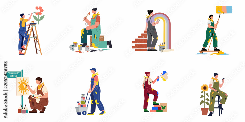 Fototapeta premium Vector Illustration of Diverse People Painting Murals and Creating Art for a Community Project, Isolated on White Background