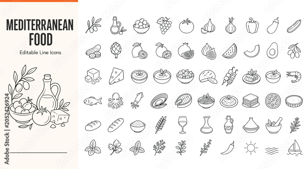 Obraz premium Mediterranean food line icons set featuring olive oil, vegetables, seafood, cheese, herbs, and traditional Greek and Italian cuisine ingredients