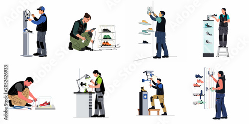 Slika na platnu Professional technicians installing electronic security sensors and interactive displays for footwear in retail stores, set of vector illustrations