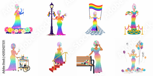 Slika na platnu Set of drag queen illustrations in rainbow glitter dresses celebrating pride parade, performance, and festivities on a white background