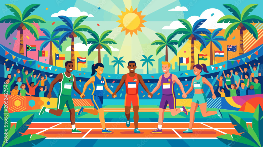 Obraz premium Diverse athletes holding hands on track, celebrating unity and sportsmanship at a sunny stadium.