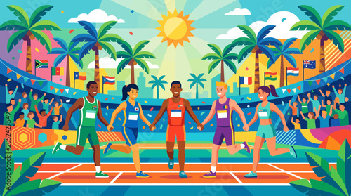 Bilde på lerret Diverse athletes holding hands on track, celebrating unity and sportsmanship at a sunny stadium