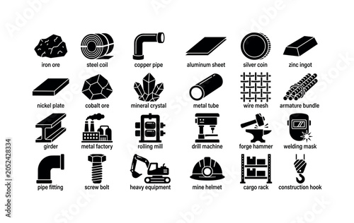 Metallurgy Material Icons. Solid glyph icon set of metallic materials and industrial production: iron ore, steel coil, copper pipe, aluminum sheet, silver coin, zinc ingot, nickel plate, cobalt ore,