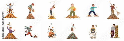 Cuadro en lienzo Set of twelve illustrations showing young boys enjoying various autumn activities like playing in leaf piles, raking, and picking pumpkins