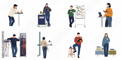 Flat vector illustration set of professionals and students engaged in coding, networking, studying, and project planning in a modern work environment.