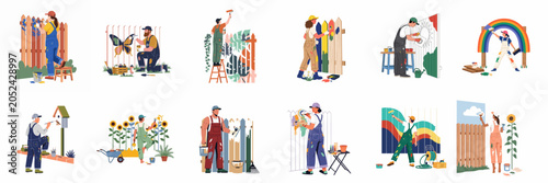 Obraz na plátně Set of diverse people painting and decorating wooden fences and walls in a garden, featuring various artistic patterns and DIY home improvement activities
