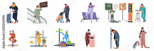 Bild auf Leinwand Illustrations of Tired Travelers Experiencing Jet Lag and Exhaustion in Airports