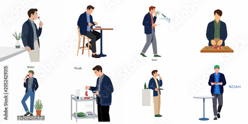 Fotografía A set of illustrations depicting a young man named Noah preparing, cooking, and enjoying delicious meat dishes in various settings