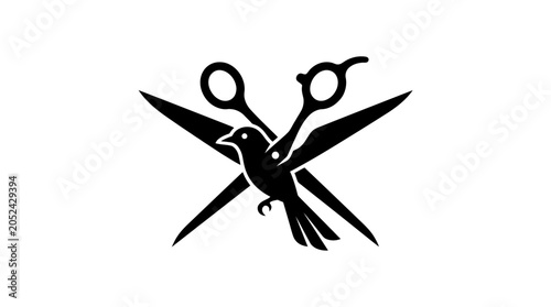 Stylized Bird Silhouette Perched on Crossed Scissors Illustration.