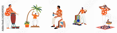 Fotografie Vibrant illustration of diverse men in orange Hawaiian shirts playing percussion instruments, dancing with maracas, and enjoying a tropical beach party atmosphere