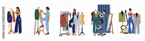 Fotografie Collection of female tailors and dressmakers working in a professional fashion atelier, featuring suit design, cutting, steaming, and fitting in flat illustration style