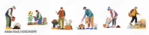 Quadro su tela Set of diverse people engaged in gardening activities like mulching, planting, and soil preparation to maintain healthy garden beds and plants