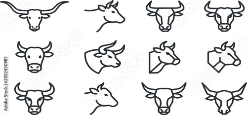 Bilde på lerret Bull Head Logo Collection with Modern Line Art Cattle Icons Featuring Horned Cow