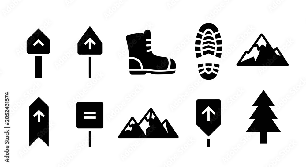 Fototapeta premium Hiking trail markers and mountain symbols illustration.