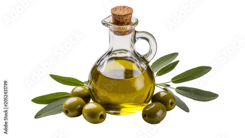 Foto Glass bottle with olive oil and olives with leaves